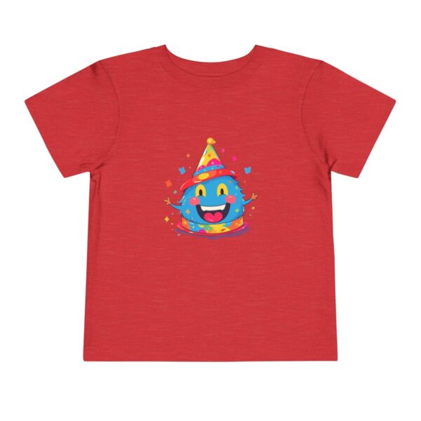 Toddler short sleeve tee with a cheerful party hat emoji design on a red background