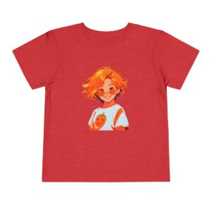 Red toddler T-shirt with a smiling girl and an orange illustration