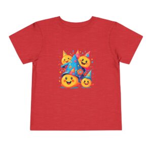 Toddler short sleeve tee with multiple party hat emojis on a red background