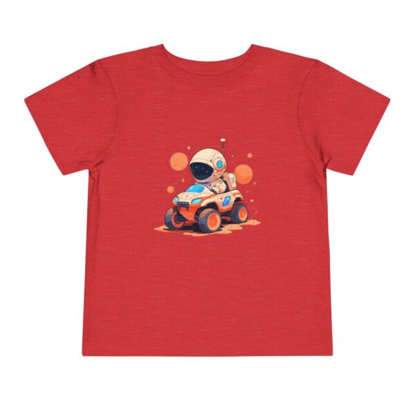 Red toddler T-shirt with a cute astronaut driving a rover graphic