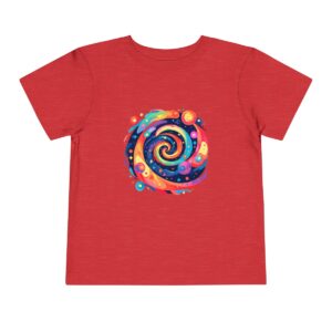 Red toddler T-shirt with a colorful galaxy swirl and planets graphic