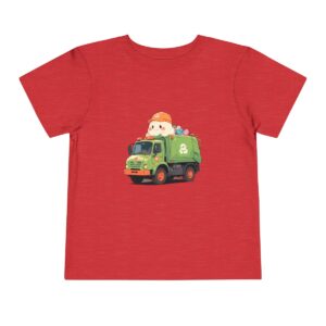 Red toddler T-shirt with a garbage truck design and a worker illustration