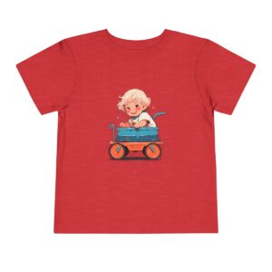 Red Toddler T-shirt with a cartoon of a child in a blue wagon with a dog