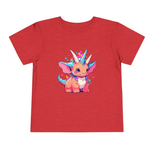 Red toddler short sleeve tee with a cute and colorful triceratops design