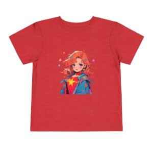 Red toddler short sleeve tee with a vibrant superheroine illustration featuring stars