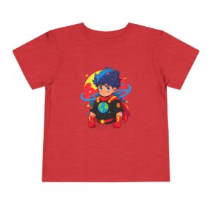 Red toddler short sleeve tee with a cute superhero character design