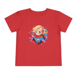 Red toddler short sleeve tee with a cute blonde superheroine character design