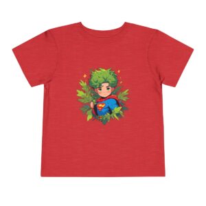 Red toddler short sleeve tee with a cute superhero character with green hair design