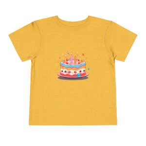 Yellow toddler short sleeve tee with birthday cake and lit candles illustration