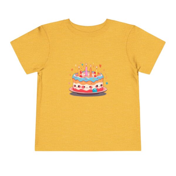 Yellow toddler short sleeve tee with birthday cake and lit candles illustration