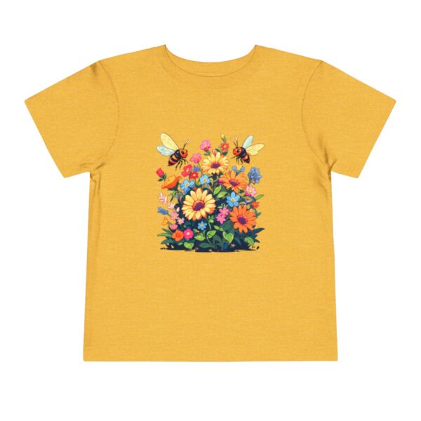 Yellow toddler short sleeve tee with vibrant spring garden and bees illustration