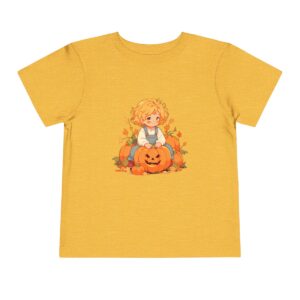 Yellow toddler short sleeve tee with a fall scene illustration featuring a child sitting with pumpkins