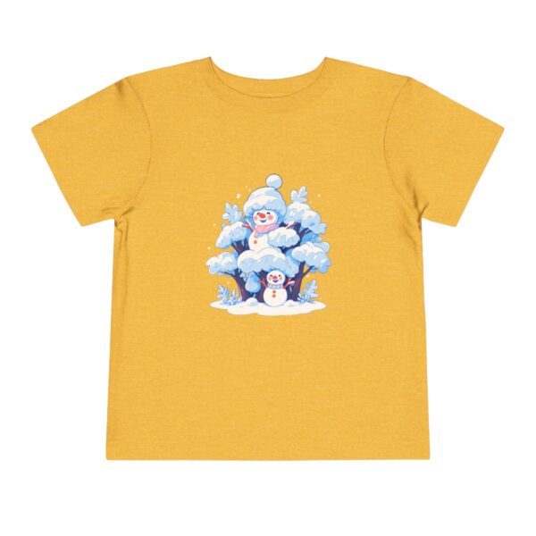 Yellow toddler short sleeve tee with a cute snowman and snow-covered trees illustration