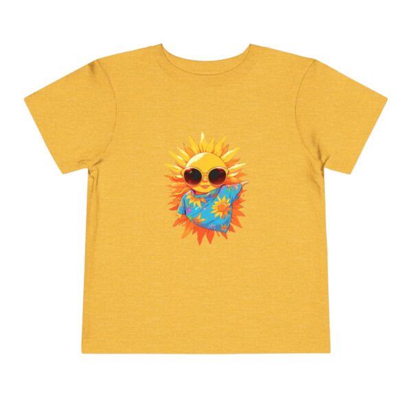 Yellow toddler short sleeve tee with a cute summer sun wearing sunglasses illustration