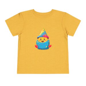 Toddler short sleeve tee with a party hat emoji design on a yellow background