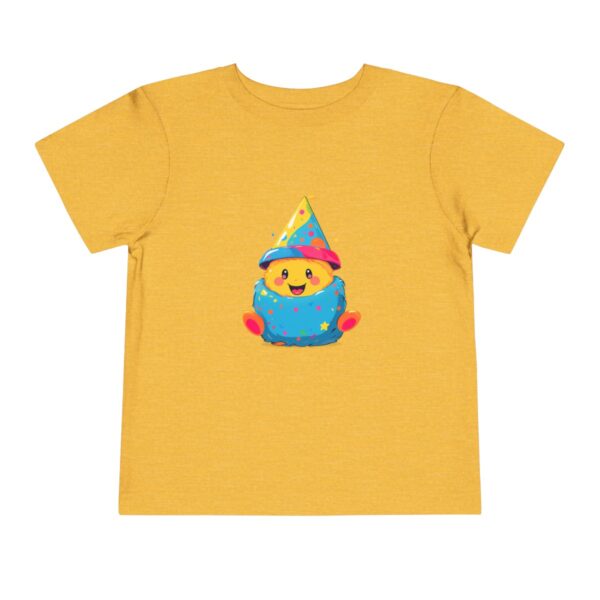 Toddler short sleeve tee with a party hat emoji design on a yellow background