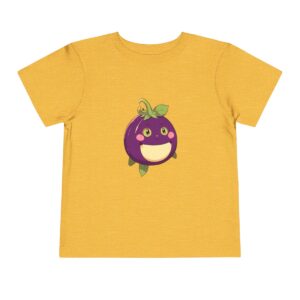 Yellow toddler short sleeve tee with a cute smiling eggplant character design