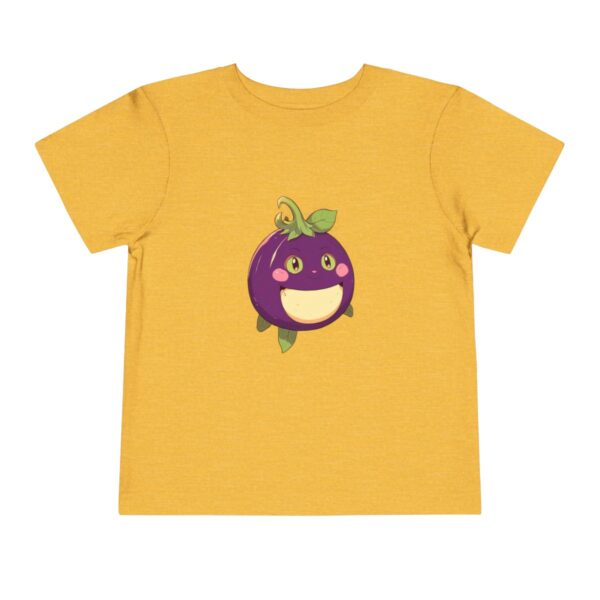 Yellow toddler short sleeve tee with a cute smiling eggplant character design