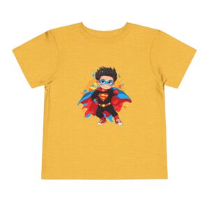 Toddler short sleeve tee with a superhero design on a mustard yellow background