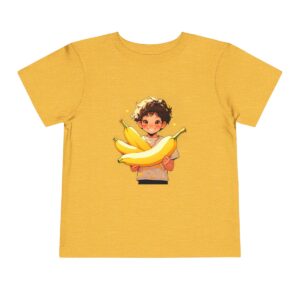 Yellow toddler T-shirt with a smiling boy holding bananas illustration