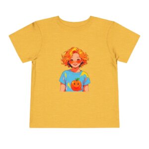 Yellow toddler T-shirt with a smiling girl and an orange illustration