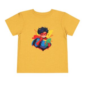 Toddler short sleeve tee with a superhero design on a mustard yellow background