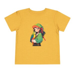 Toddler short sleeve tee with a pirate girl and parrot design on a yellow background