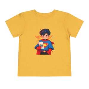 Toddler short sleeve tee with a superhero design on a yellow background