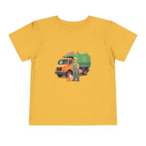 ellow toddler T-shirt with a garbage truck design and a worker illustration