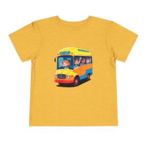 ellow Toddler T-shirt with a cartoon of children in a colorful bus