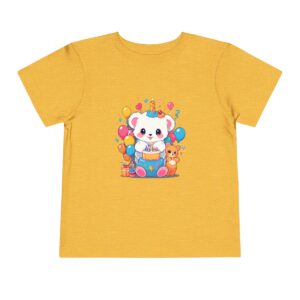 Yellow toddler short sleeve tee with cute baby animal and balloons illustration