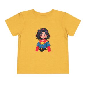 Yellow toddler short sleeve tee with a vibrant superheroine illustration featuring stars