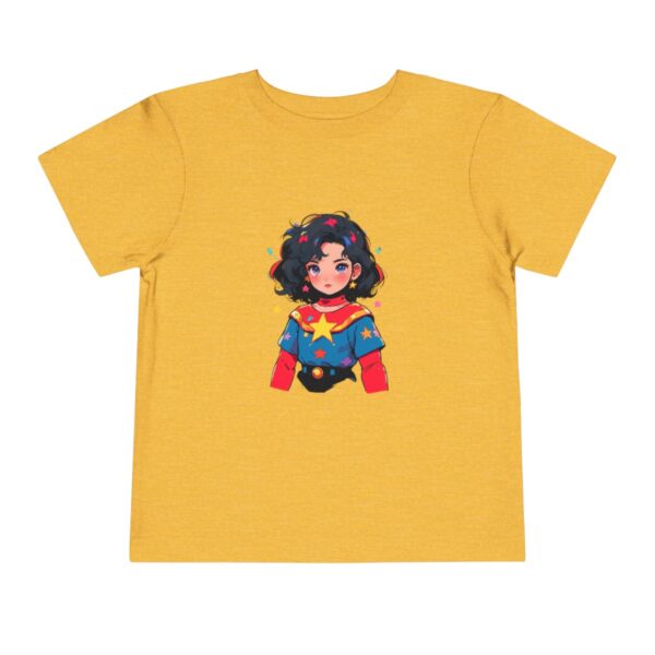 Yellow toddler short sleeve tee with a vibrant superheroine illustration featuring stars