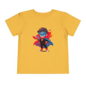 Yellow toddler short sleeve tee with a cute superhero illustration featuring a child in a cape and mask