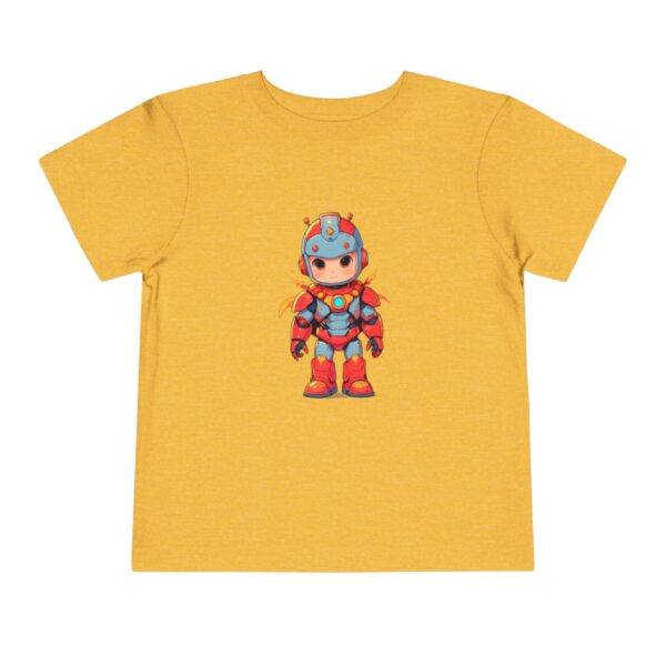 Yellow toddler short sleeve tee with a cute superhero in a robotic suit design