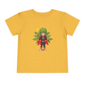 Yellow toddler short sleeve tee with a cute superhero character with green hair design