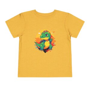 Yellow toddler short sleeve tee with a cute superhero dinosaur character design