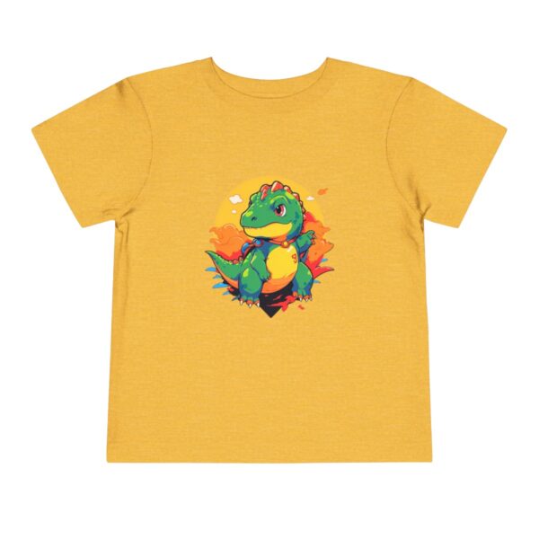 Yellow toddler short sleeve tee with a cute superhero dinosaur character design