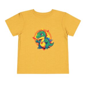 Yellow toddler short sleeve tee with a cute superhero dinosaur character design