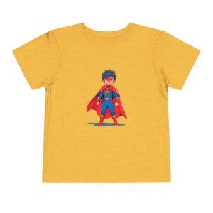 Yellow toddler short sleeve tee with a vibrant superhero illustration featuring a child in a cape and mask