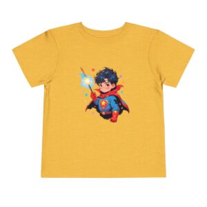 Yellow toddler short sleeve tee with a cute superhero character design