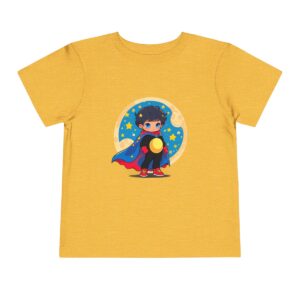 Yellow toddler short sleeve tee with cute superhero boy illustration