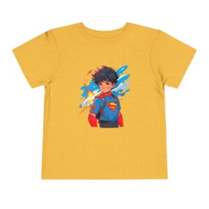 Yellow toddler short sleeve tee with cute superhero boy illustration