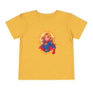 Yellow toddler short sleeve tee with cute superhero girl flying illustration