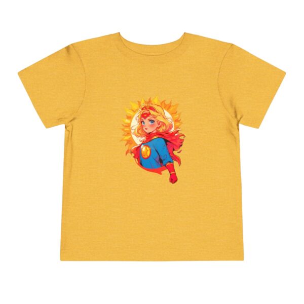 Yellow toddler short sleeve tee with cute superhero girl flying illustration