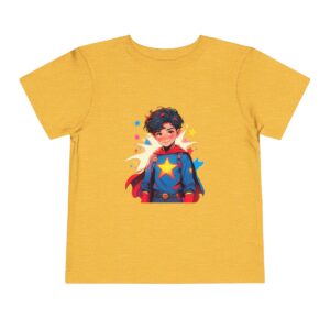 Yellow toddler short sleeve tee with cute superhero boy illustration