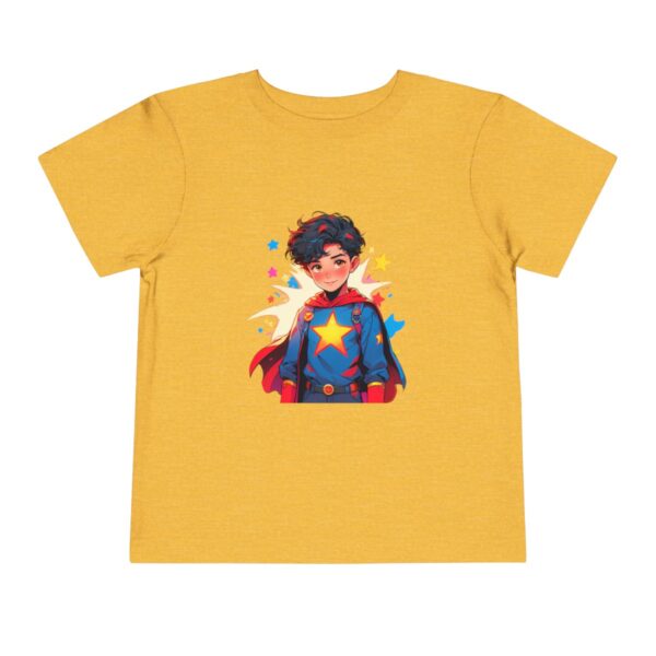 Yellow toddler short sleeve tee with cute superhero boy illustration