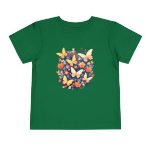 Green toddler short sleeve tee with vibrant butterflies and flowers illustration