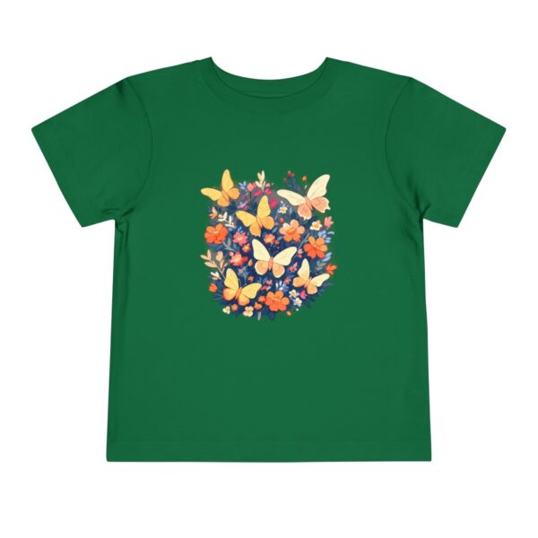 Green toddler short sleeve tee with vibrant butterflies and flowers illustration