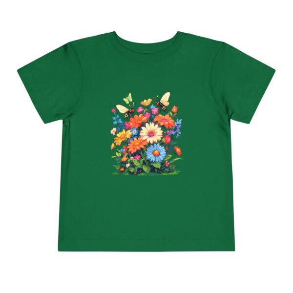 Green toddler short sleeve tee with vibrant spring garden and butterflies illustration